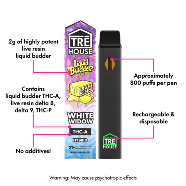 White Widow – Live Resin Liquid Budder Hybrid THC-A Vape Pen – 2g - Image 2